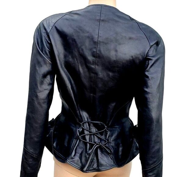Vintage 80s Jitrois Black Lambskin Leather Military Jacket S Peplum - Picture 4 of 16